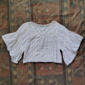 American Eagle Outfitters Blouse Women Large White Flowy Crop Sheer Peasant Top
